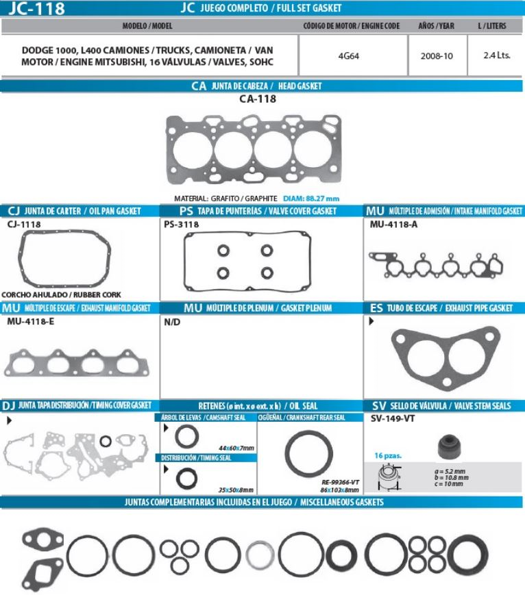 EMPAQUE JUEGO COMPLETO CHRYS. MITSUBISHI